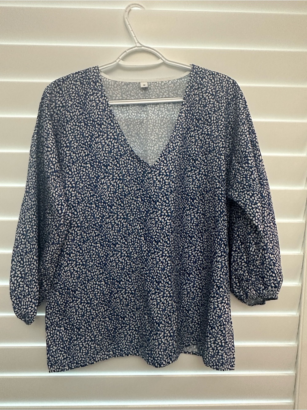 Women's Navy and White V-Neck Blouse